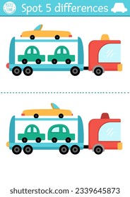 Find differences game for children. Transportation educational activity with cute car carrier. Cute puzzle for kids with funny tow truck. Printable worksheet or page for logic and attention skills
