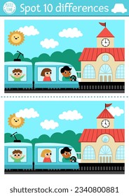 Find differences game for children. Transportation educational activity with cute train with passengers and driver, railway station. Cute puzzle for kids with funny transport. Printable worksheet
