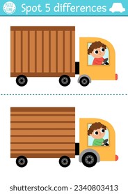 Find differences game for children. Transportation educational activity with cute truck with driver. Cute puzzle for kids with transport. Printable worksheet or page for logic and attention skills