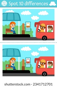 Find differences game for children. Transportation educational activity with cute bus with driver, picking passenger on bus stop. Cute puzzle for kids with funny transport. Printable worksheet
