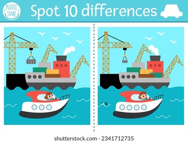 Find differences game for children. Transportation educational activity with speedboat with port and girl captain sailing in sea. Cute puzzle for kids with funny water transport. Printable worksheet