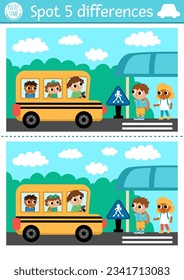 Find differences game for children. Transportation educational activity with cute school bus with driver, picking kids on bus stop. Cute puzzle with funny transport. Printable worksheet or page