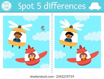 Find differences game for children. Transportation educational activity with plane and helicopter with pilots flying in the sky. Cute puzzle for kids with funny transport. Printable worksheet
