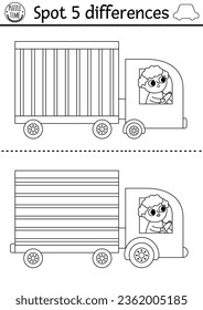 Find differences game for children. Transportation line educational black and white activity with cute truck with driver. Cute puzzle for kids with transport. Printable worksheet or coloring page 
