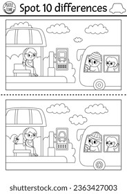 Find differences game for children. Transportation black and white activity with cute bus, driver, picking passenger on bus stop. Cute coloring page for kids with transport. Printable worksheet
