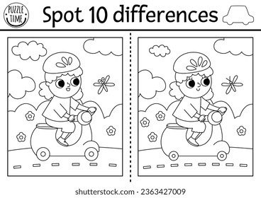 Find differences game for children. Transportation educational black and white activity with cute girl riding scooter. Cute line puzzle for kids with transport. Printable worksheet or coloring page 
