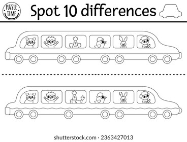 Find differences game for children. Transportation black and white activity with cute limousine, passengers, driver. Coloring page for kids with transport. Printable worksheet with limo
