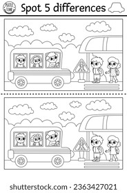 Find differences game for children. Transportation black and white activity with school bus, driver, picking kids on bus stop. Puzzle with transport. Printable worksheet or coloring page
