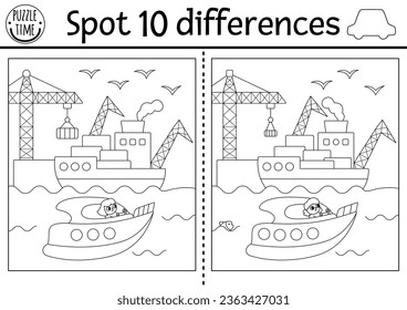 Find differences game for children. Transportation black and white activity with speedboat, port, girl captain sailing in the sea. Printable worksheet or coloring page for kids with water transport
