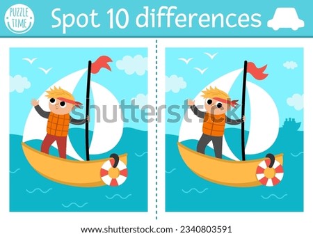 Find differences game for children. Transportation educational activity with sailboat with boy captain sailing in the sea. Cute puzzle for kids with funny water transport. Printable worksheet

