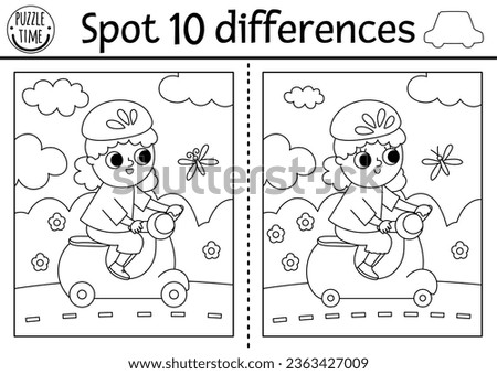 Find differences game for children. Transportation educational black and white activity with cute girl riding scooter. Cute line puzzle for kids with transport. Printable worksheet or coloring page 
