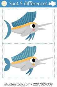 Find differences game for children. Under the sea educational activity with cute sailfish. Ocean life puzzle for kids with water animal character. Underwater printable worksheet or page
