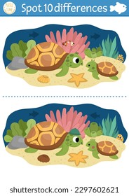 Find differences game for children. Under the sea educational activity with cute mother and baby turtle. Ocean life puzzle for kids with water animal character. Underwater printable worksheet or page
