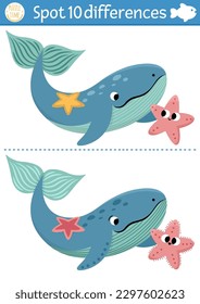 Encuentra juegos de diferencias para niños. Bajo el mar, actividad educativa con una ballena linda, pez estrella. Rompecabezas de vida oceánica para niños con carácter animal acuático. Hoja de trabajo o página de impresión subacuática
