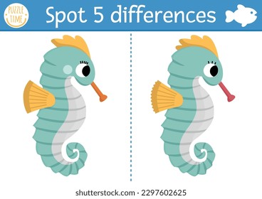 Find differences game for children. Under the sea educational activity with cute seahorse. Ocean life puzzle for kids with water animal character. Underwater printable worksheet or page
