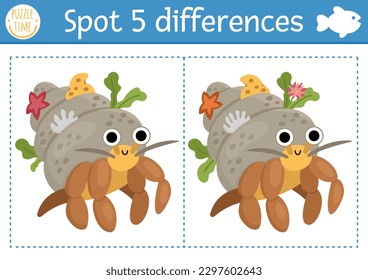 Find differences game for children. Under the sea educational activity with cute hermit crab. Ocean life puzzle for kids with water animal character. Underwater printable worksheet or page
