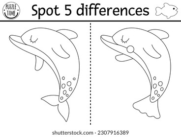 Find differences game for children. Under the sea black and white educational activity with cute dolphin. Ocean life line puzzle for kids with water animal. Underwater printable coloring page

