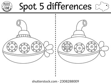 Encuentra juegos de diferencias para niños. Bajo el mar, la actividad educativa en blanco y negro con un bonito submarino. Rompecabezas de la línea de vida oceánica para niños con barco. Página de color subacuático imprimible
