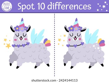 Find differences game for children with unicorn llama. Fairytale educational activity with funny alpaca with horn. Cute puzzle for kids with funny fantasy characters. Printable worksheet, page
