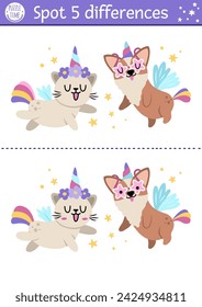 Find differences game for children with unicorn cat and dog. Fairytale educational activity with funny animals with horns. Cute puzzle for kids with funny fantasy characters. Printable worksheet
