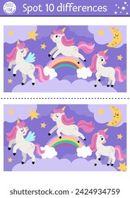 Encuentra juegos de diferencias para niños con unicornios. Actividad educativa de cuento de hadas con caballo con cuerno, arco iris, fondo de paisaje nocturno mágico. Rompecabezas lindo para los niños con carácter divertido de la fantasía
