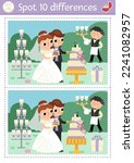 Find differences game for children. Wedding educational activity with cute married couple. Marriage ceremony puzzle for kids with bride and groom cutting cake. Printable worksheet or page
