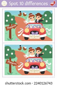 Find differences game for children. Wedding educational activity with cute married couple. Marriage ceremony puzzle for kids with bride and groom going to Honeymoon. Printable worksheet, page
