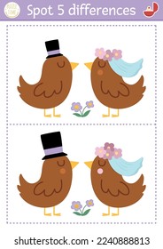 Find differences game for children. Wedding educational activity with cute married birds couple. Marriage ceremony puzzle for kids with funny animal bride and groom. Printable worksheet
