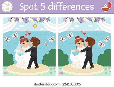 Find differences game for children. Wedding educational activity with cute married couple. Marriage ceremony puzzle for kids with funny dancing bride and groom. Printable worksheet or page
