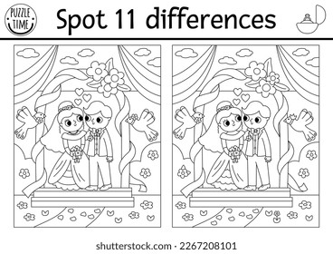 Find differences game for children. Wedding black and white activity with cute married couple under the arch. Marriage coloring page for kids with funny bride and groom. Printable worksheet
