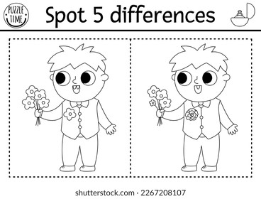 Find differences game for children. Wedding black and white educational activity with cute boy with bouquet of flowers. Marriage printable coloring page for kids with funny little kid guest
