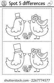 Find differences game for children. Wedding black and white educational activity with cute married birds couple. Marriage printable coloring page for kids with funny animal bride and groom
