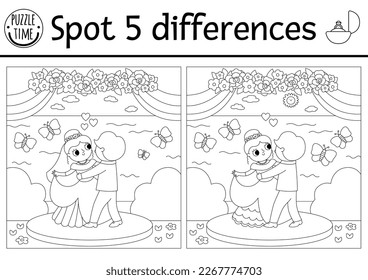 Find differences game for children. Wedding black and white educational activity with cute married couple. Marriage printable coloring page for kids with funny dancing bride and groom
