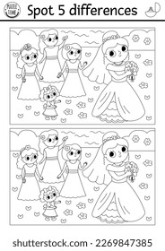 Encuentra juegos de diferencias para niños. Boda en la actividad de negros y blancos con una linda mujer casada. Página de coloreado matrimonial para niños con novias lanzando ramo a las damas de honor. Hoja de cálculo imprimible
