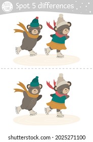 Find Differences Game For Children. Winter Educational Activity With Funny Skating Bears. Printable Worksheet. Christmas Holiday Puzzle For Kids. New Year Preschool Sheet
