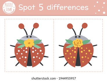 Find differences game for children. Woodland educational activity with funny ladybug. Printable worksheet with cute insect. Spring nature puzzle for kids. Forest preschool sheet

