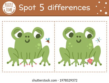 Find differences game for children. Woodland educational activity with funny frog and insect. Printable worksheet with cute animal. Summer nature puzzle for kids. Forest preschool sheet

