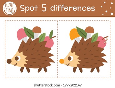 Find differences game for children. Woodland educational activity with funny hedgehog carrying apples. Printable worksheet with cute animal. Summer nature puzzle for kids. Forest preschool sheet

