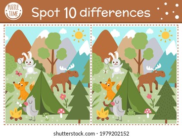 Find differences game for children. Woodland educational activity with funny camping scene. Printable worksheet with cute animals in the wild. Summer nature puzzle for kids. Forest preschool sheet

