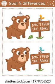 Find differences game for children. Woodland educational activity with funny bear and signboard. Printable worksheet with cute animal. Summer nature puzzle for kids. Forest preschool sheet

