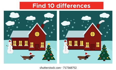 Find differences game with Christmas house and funny dog - New Year symbol. Vector illustration. 