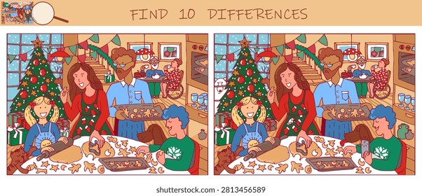 Find the differences game. Christmas time. Happy family cooking in kitchen. Parents and children together bake cookies. Hidden object puzzle game. Sketch vector illustration.
