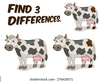 Find differences game cow vector illustration