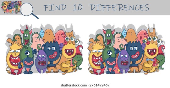 Find the differences game. Cute Monsters. Hidden objects puzzle game for kids. Sketch vector illustration.