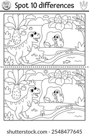 Find differences game. Dinosaur black and white educational activity with T-rex, cave, baby, prehistoric landscape. Line puzzle for kids with tyrannosaur. Printable worksheet, coloring page
