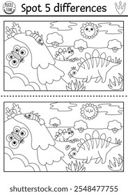 Find differences game. Dinosaur black and white educational activity with stegosaurus, his baby and prehistoric landscape. Line puzzle for kids with animal. Printable worksheet, coloring page
