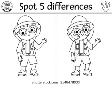 Find differences game. Dinosaur black and white educational activity with paleontologists boy waving hand. Line puzzle for kids with archeologists or researcher. Printable worksheet, coloring page