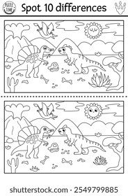 Find differences game. Dinosaur black and white educational activity with Spinosaurus, allosaurus, prehistoric landscape. Line puzzle for kids with animal. Printable worksheet, coloring page
