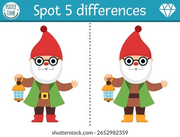 Encontre diferenças jogo. Atividade educativa anã com gnome bonito com lanterna. Quebra-cabeça de floresta mágica para crianças. Planilha imprimível conto de fadas, página para lógica, atenção com criatura de fantasia
