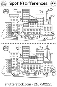 Find differences game. Ecological black and white educational activity with eco town or city. Earth day line puzzle for kids. Eco awareness or zero waste printable coloring page
